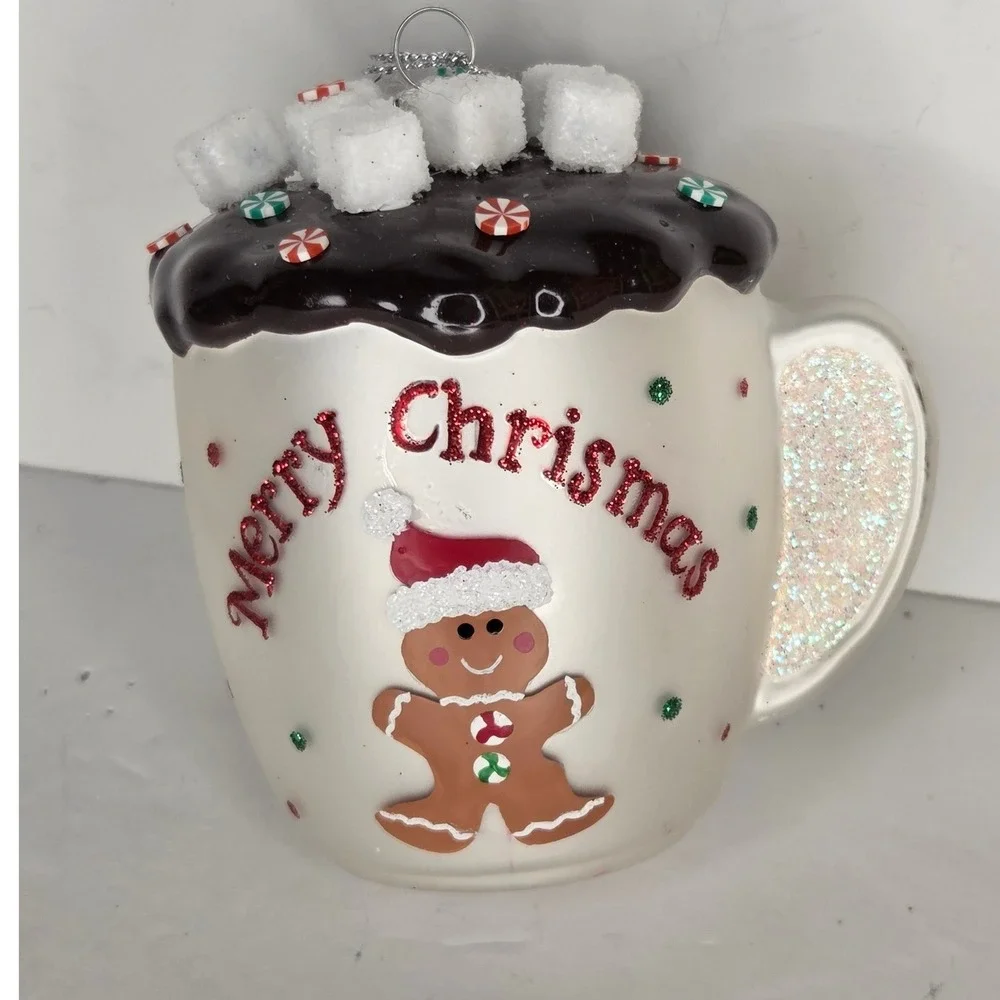 Gingerbread Hot Cocoa Mug Glass Christmas Ornament Marshmallows Peppermint